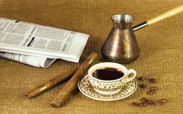Coffee newspaper table pipe saucer free wallpaper for desktop - medium preview image