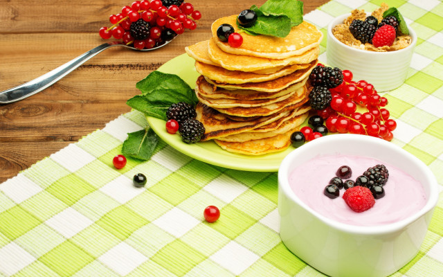 Pancakes berries yogurt table food free wallpaper for desktop - medium preview image