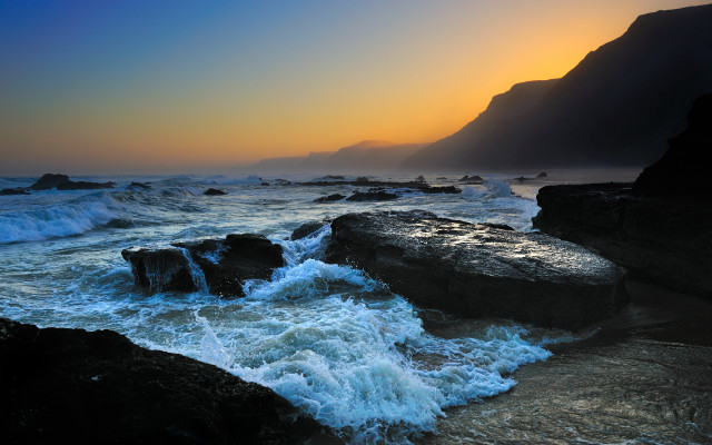 Sunset rocky beach waves mountain #2 free wallpaper for desktop - medium preview image