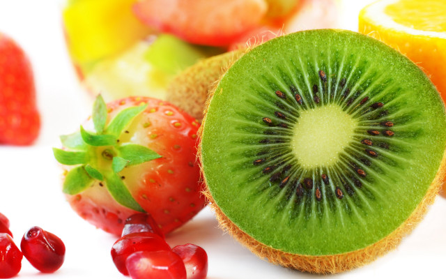 Kiwi strawberries oranges fruit closeup free wallpaper for desktop - medium preview image