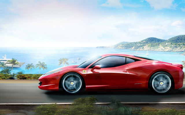Red sports car ocean mountains #2 free wallpaper for desktop - medium preview image