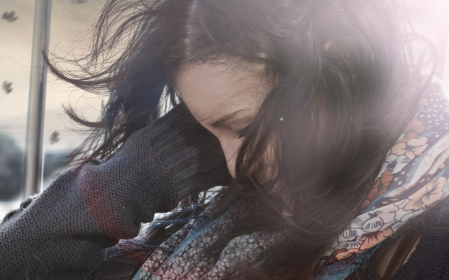 Woman long hair phone outside free wallpaper for desktop - medium preview image