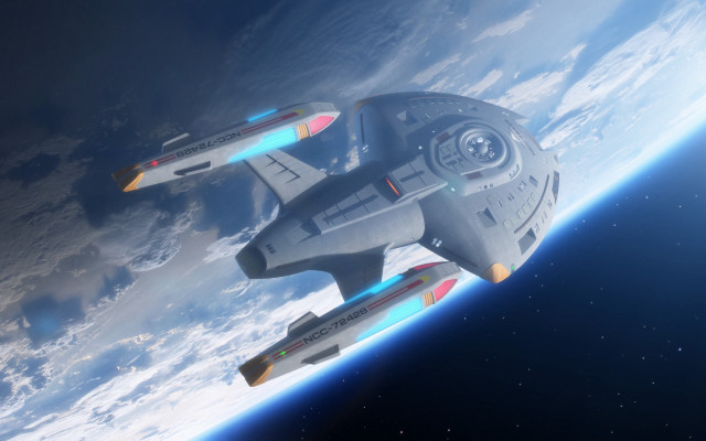 Spacecraft flying over planet night free wallpaper for desktop - medium preview image