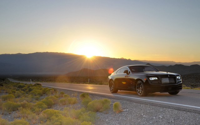 Black car sunset mountains road free wallpaper for desktop - medium preview image