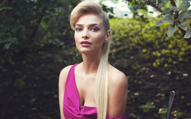 Woman blonde pink dress forest free wallpaper for desktop - medium preview image