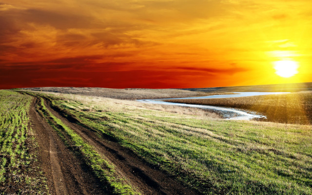 Dirt road field sunset river free wallpaper for desktop - medium preview image