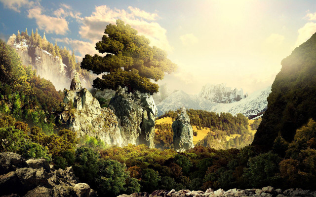 Mountain landscape trees sun clouds free wallpaper for desktop - medium preview image