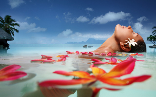 Woman floating flowers water blue free wallpaper for desktop - medium preview image