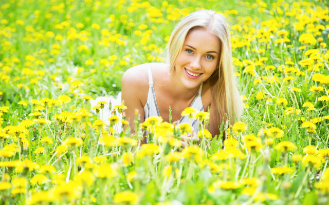 Woman field yellow flowers smiling free wallpaper for desktop - medium preview image