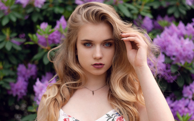 Long blonde woman flower field free wallpaper for desktop - medium preview image