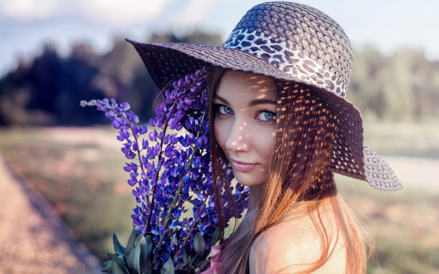 Woman hat flower smile outdoors free wallpaper for desktop - medium preview image