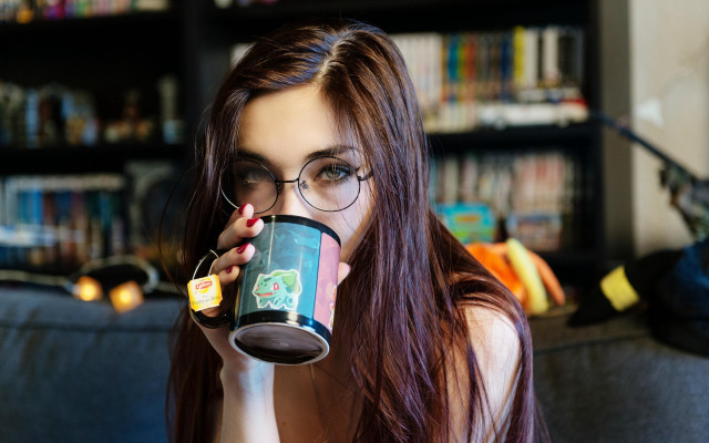 Woman glasses coffee bookshelf cat free wallpaper for desktop - medium preview image