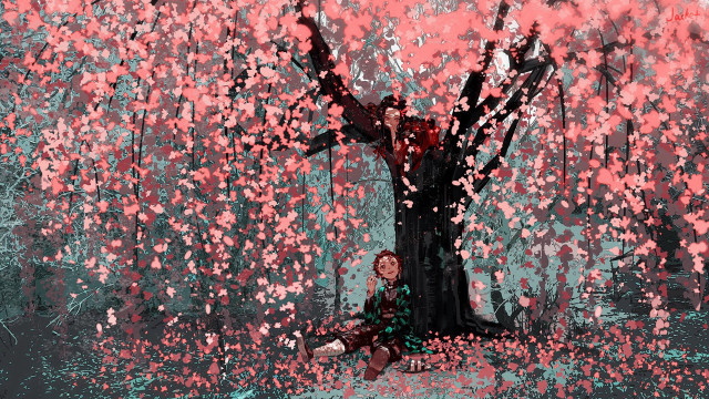 Woman sitting under pink leaves free wallpaper for desktop - medium preview image