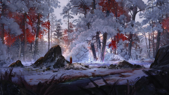 Snowy forest fire person autumn free wallpaper for desktop - medium preview image