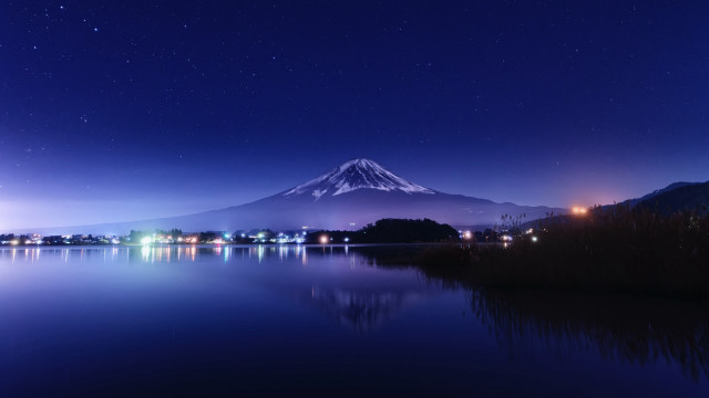 Mountain lake city night aurora free wallpaper for desktop - medium preview image