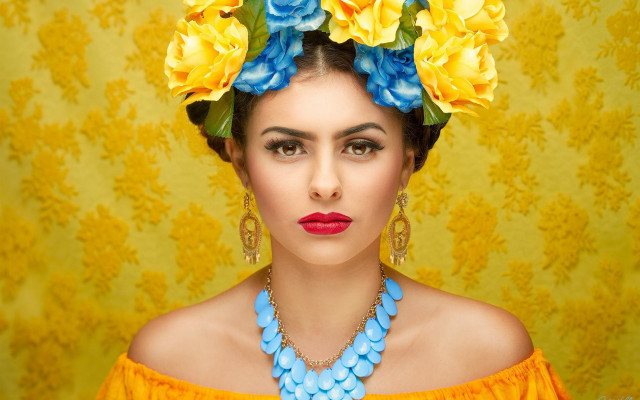 Woman flowercrown yellowdress autumn fire free wallpaper for desktop - medium preview image