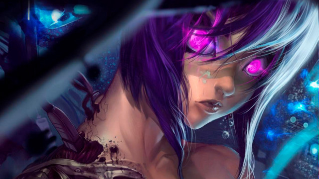 Purple hair glowing eyes cyberpunk free wallpaper for desktop - medium preview image