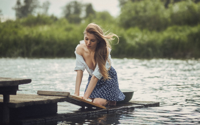 Woman dock water trees photorealistic free wallpaper for desktop - medium preview image