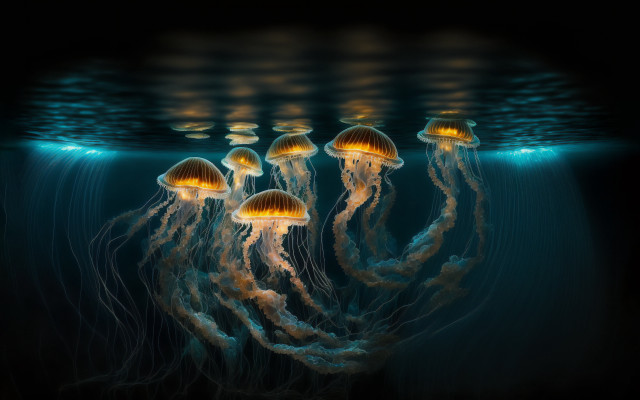Jellyfish ocean bioluminescence blue yellow free wallpaper for desktop - medium preview image