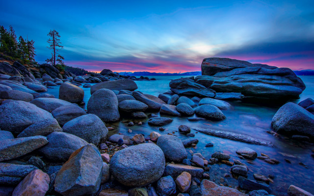 Rocky beach sunset trees lake free wallpaper for desktop - medium preview image