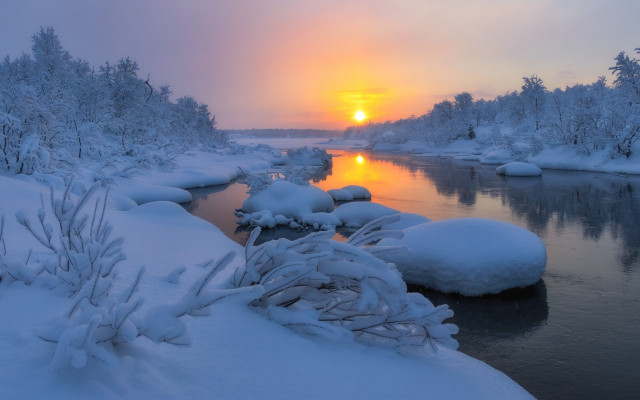 River snowy rocks trees sunset #2 free wallpaper for desktop - medium preview image