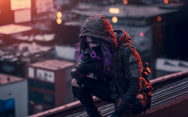 Purple haired woman cyberpunk sitting free wallpaper for desktop - medium preview image