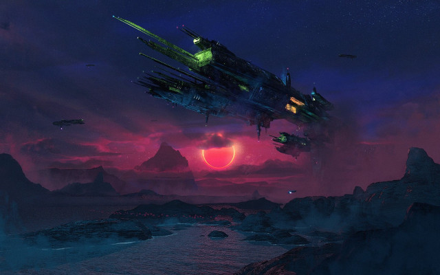 Sci fi flying mountain night free wallpaper for desktop - medium preview image