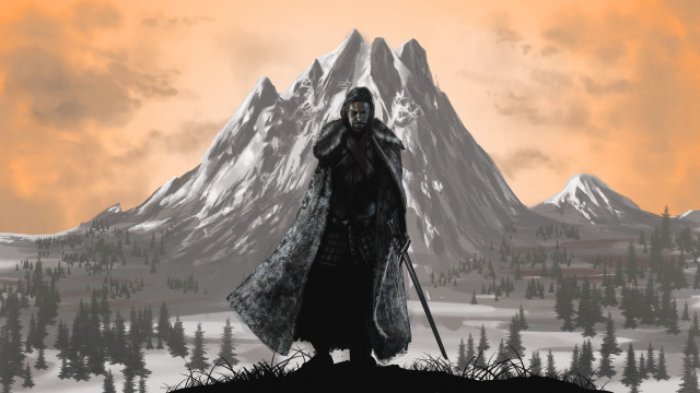 Man long coat sword mountain free wallpaper for desktop - medium preview image
