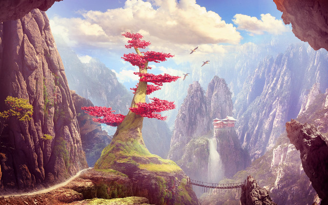 Mountain waterfall bridge fantasy landscape free wallpaper for desktop - medium preview image