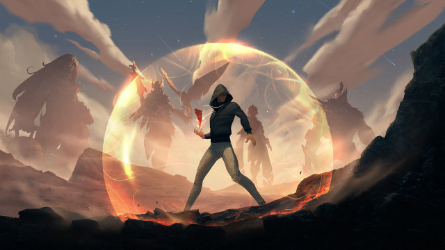 Fire ice sword man cloud free wallpaper for desktop - medium preview image