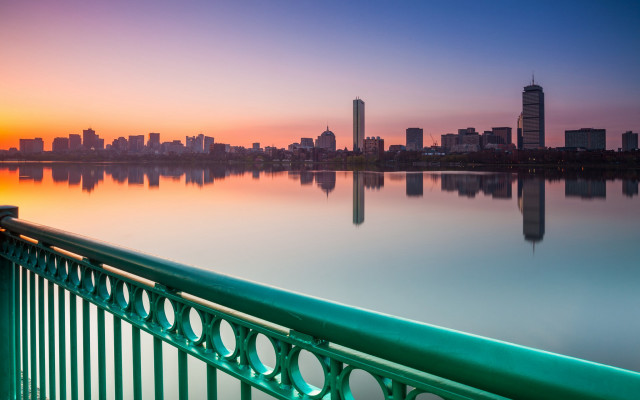 City skyline lake sunset bridge free wallpaper for desktop - medium preview image