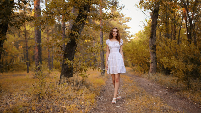 Woman white dress woods autumn #2 free wallpaper for desktop - medium preview image