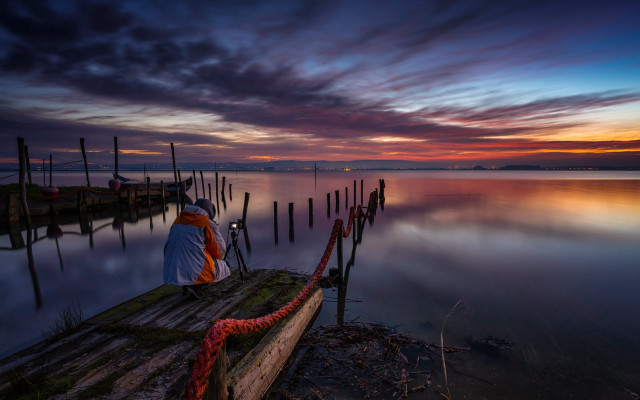 Sunset dock person boat foreground free wallpaper for desktop - medium preview image