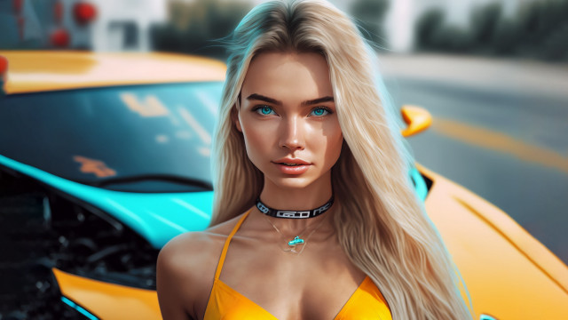 Yellow bikini sports car city free wallpaper for desktop - medium preview image