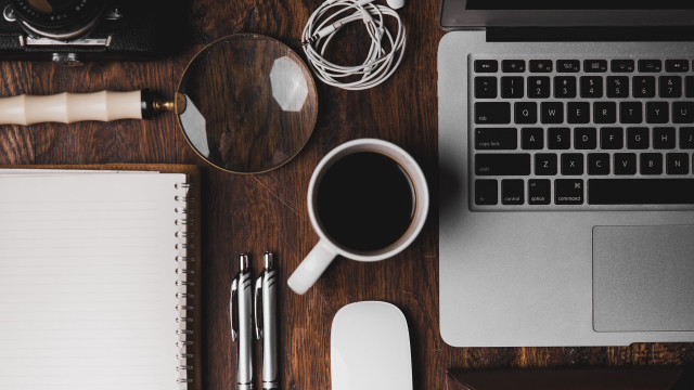 Desk laptop mouse pen coffee free wallpaper for desktop - medium preview image