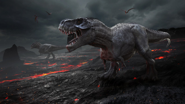 Dinosaurs rocky lava birds photorealism free wallpaper for desktop - medium preview image