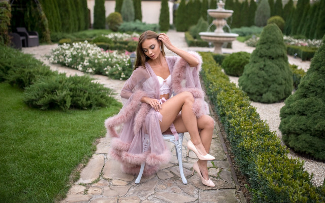 Woman garden pink coat highheels free wallpaper for desktop - medium preview image