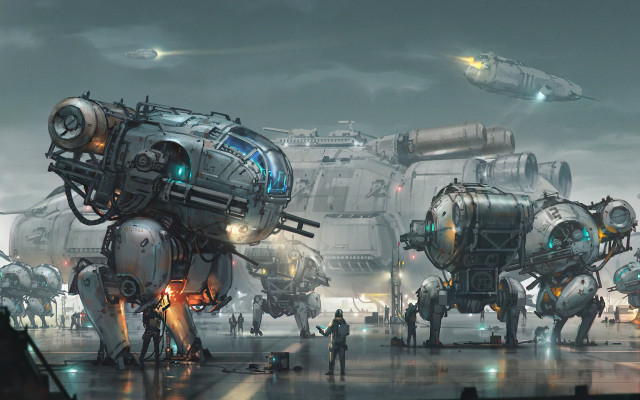 Futuristic city giant robot group free wallpaper for desktop - medium preview image