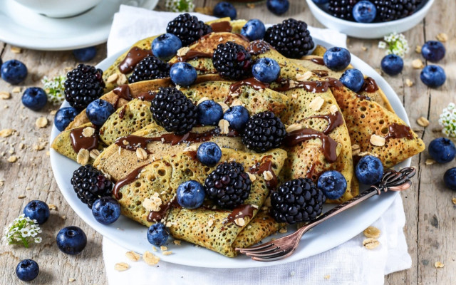 Pancakes blueberries syrup fork coffee free wallpaper for desktop - medium preview image