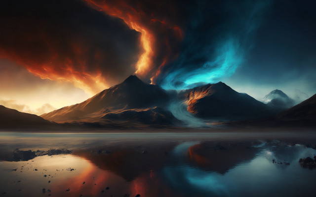 Mountain lake clouds orange blue free wallpaper for desktop - medium preview image