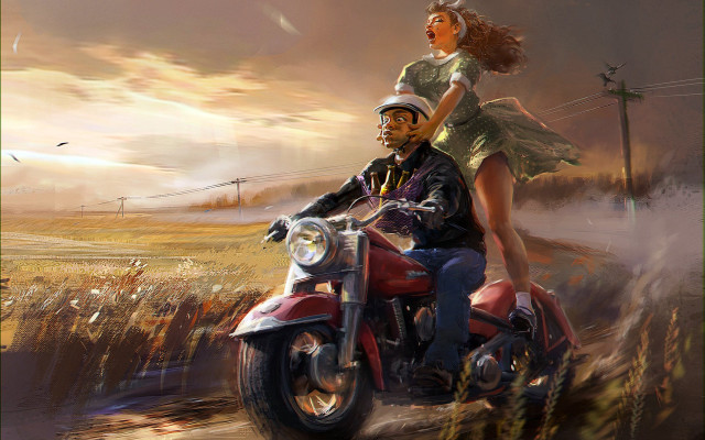 Man woman motorcycle wheat sunset free wallpaper for desktop - medium preview image