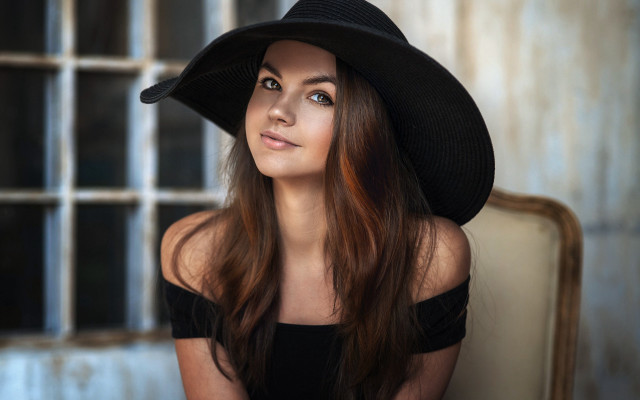 Woman black hat dress chair #2 free wallpaper for desktop - medium preview image