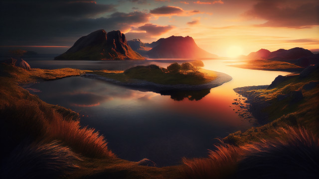 Sunset lake mountains foreground urban free wallpaper for desktop - medium preview image