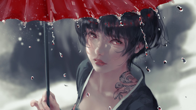 Woman umbrella rain black jacket free wallpaper for desktop - medium preview image