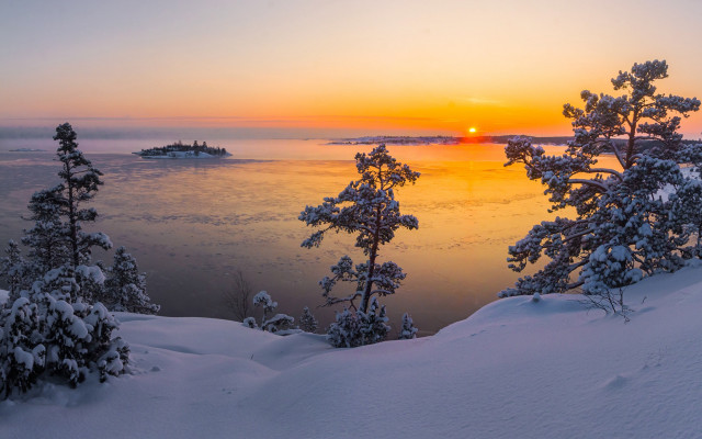 Sunset lake snow trees boat free wallpaper for desktop - medium preview image