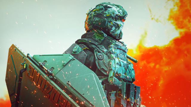 Futuristic suit man fire sky free wallpaper for desktop - medium preview image