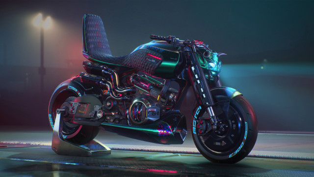 Futuristic motorcycle cyberpunk spotlight ambient free wallpaper for desktop - medium preview image