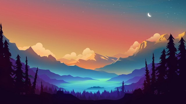 Mountain lake trees night crescent free wallpaper for desktop - medium preview image