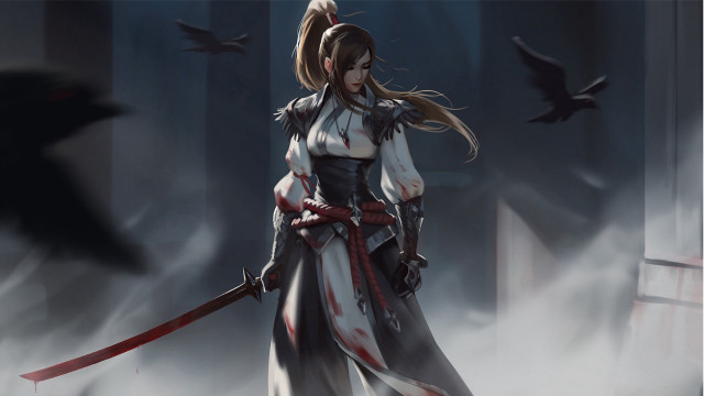 Woman white dress sword bird free wallpaper for desktop - medium preview image