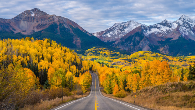 Mountain road autumn leaves fire free wallpaper for desktop - medium preview image